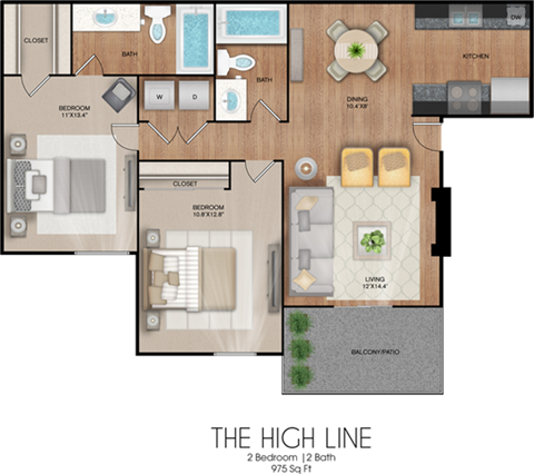 Floor plan for 2 beds, 2 baths, 975 sqft