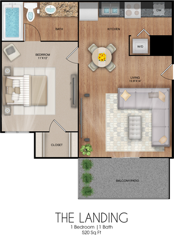 Floor plan for 1 bed, 1 bath, 520 sqft