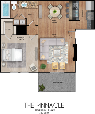 Floor plan for 1 bed, 1 bath, 720 sqft
