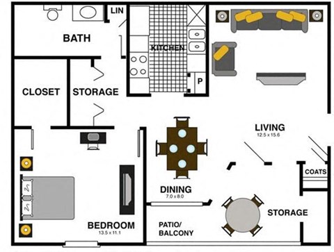 Floor plan for 1 bed, 1 bath, 688 sqft