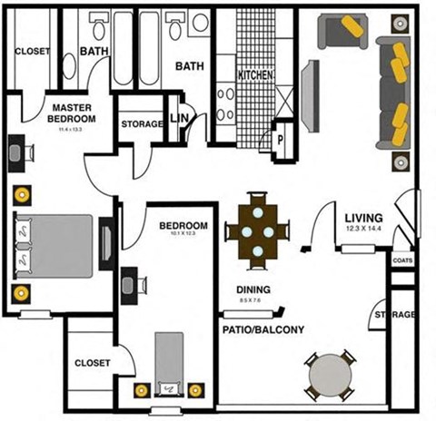 Floor plan for 2 beds, 2 baths, 878 sqft