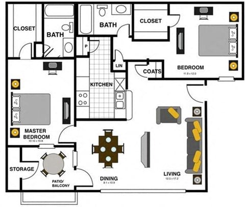 Floor plan for 2 beds, 2 baths, 972 sqft