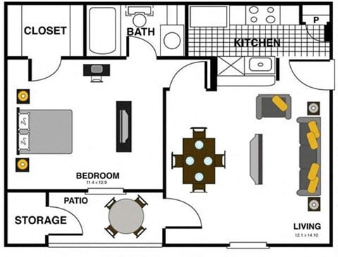 Floor plan for 1 bed, 1 bath, 521 sqft