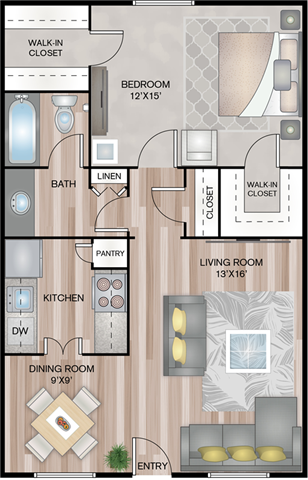 Floor plan for 1 bed, 1 bath, 714 sqft