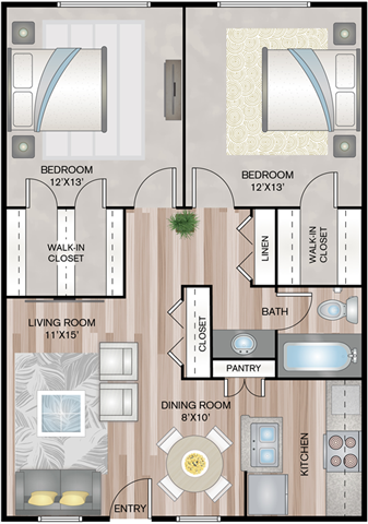Floor plan for 2 beds, 1 bath, 850 sqft