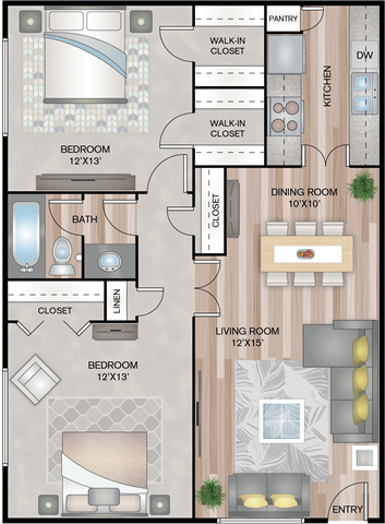 Floor plan for 2 beds, 1 bath, 877 sqft