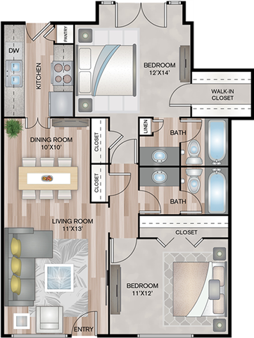 Floor plan for 2 beds, 2 baths, 996 sqft
