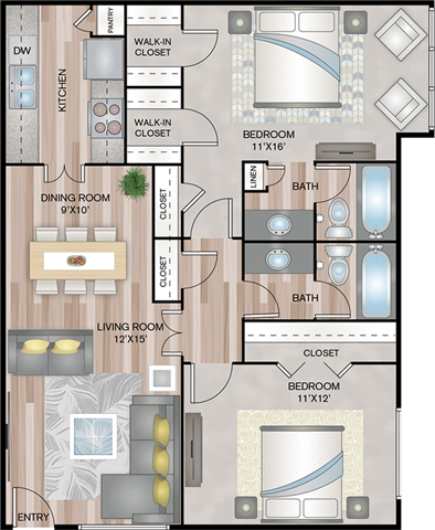 Floor plan for 2 beds, 2 baths, 998 sqft