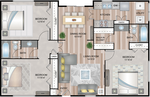 Floor plan for 3 beds, 2 baths, 1270 sqft