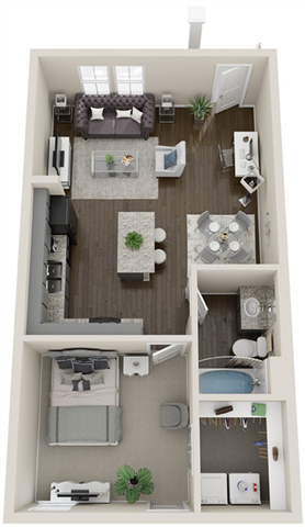 Floor plan for 1 bed, 1 bath, 662 sqft