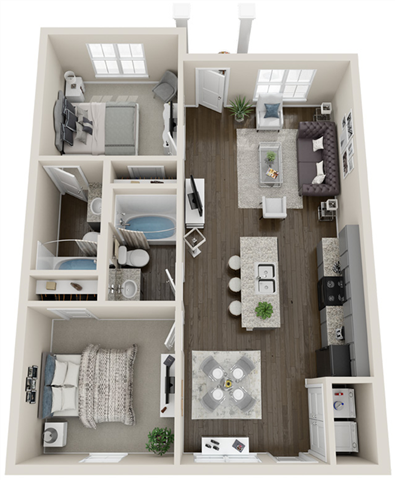 Floor plan for 2 beds, 2 baths, 869 sqft