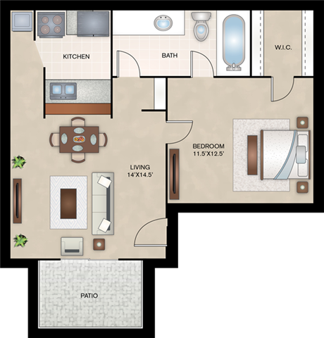 Floor plan for 1 bed, 1 bath, 506 sqft