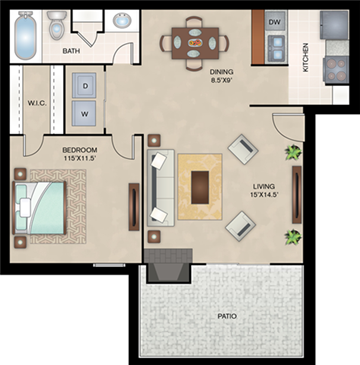 Lubbock apartment for rent - A floor plan of a house with a living room, dining room, kitchen, bathroom, and bedroom.