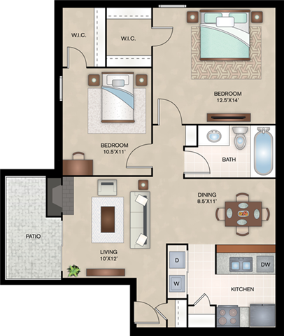 Floor plan for 2 beds, 1 bath, 832 sqft