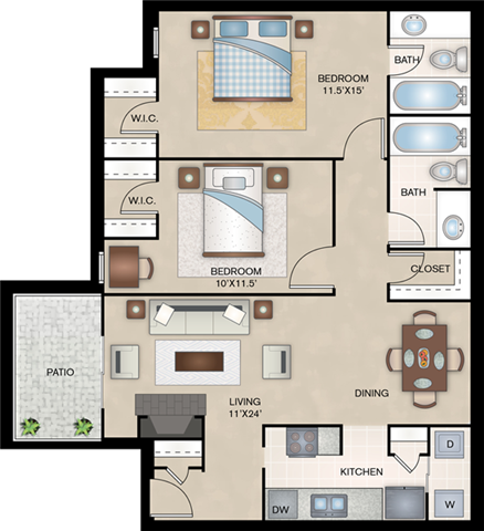 Floor plan for 2 beds, 2 baths, 965 sqft
