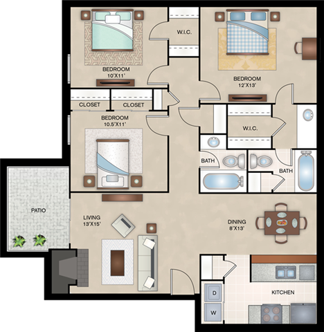 Floor plan for 3 beds, 2 baths, 1127 sqft
