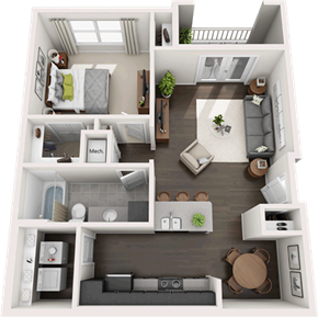 Lubbock apartment for rent - A 3D floor plan of a small apartment with a kitchen, living room, and bedroom.