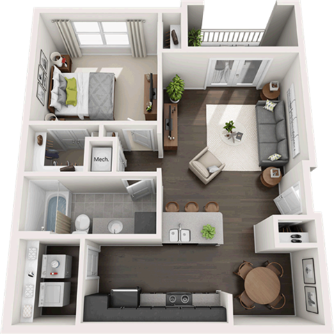 Floor plan for 1 bed, 1 bath, 750 sqft