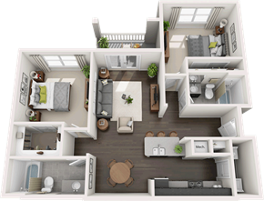 Lubbock apartment for rent - A 3D floor plan of a house with multiple rooms and furniture.