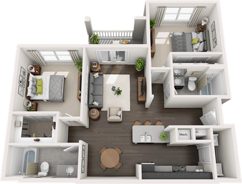 Floor plan for 2 beds, 2 baths, 1038 sqft