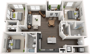 Lubbock apartment for rent - A 3D floor plan of a small apartment with two bedrooms, a living room, a kitchen, and a bathroom.