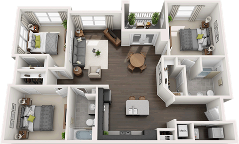 Floor plan for 3 beds, 2 baths, 1318 sqft