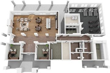 Lubbock apartment for rent - A top-down view of a house interior with a kitchen, living room, and two bedrooms.