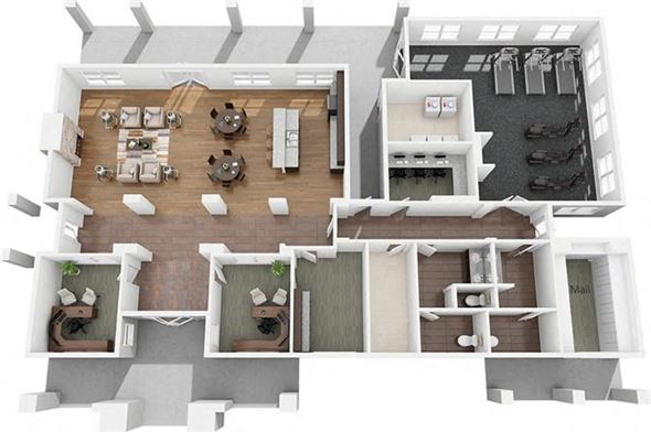Lubbock apartment for rent - A top-down view of a house interior with a kitchen, living room, and two bedrooms.