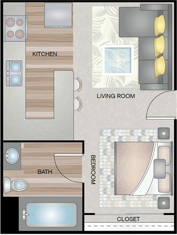 Floor plan for 1 bed, 1 bath, 338 sqft