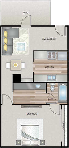 Floor plan for 1 bed, 1 bath, 778 sqft