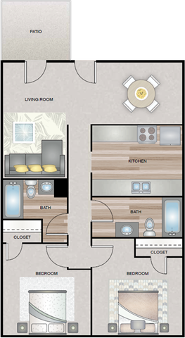 Floor plan for 2 beds, 2 baths, 1020 sqft