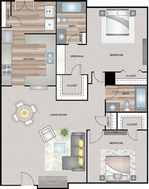 Midland apartment for rent - A floor plan of a house with a living room, kitchen, dining room, and two bedrooms.