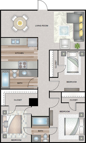 Floor plan for 3 beds, 2 baths, 1120 sqft