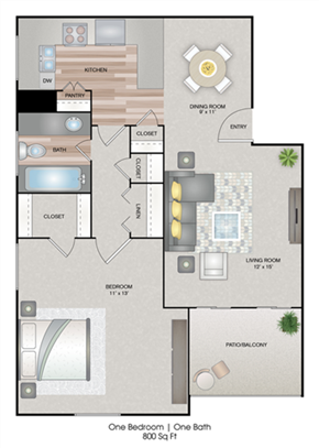 Midland apartment for rent - A floor plan of a one bedroom, one bath apartment.