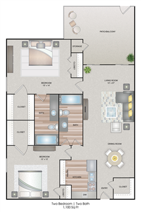 Midland apartment for rent - A floor plan of a two bedroom, one bathroom apartment.