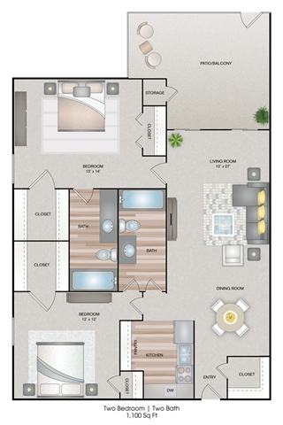 Floor plan for 2 beds, 2 baths, 1100 sqft