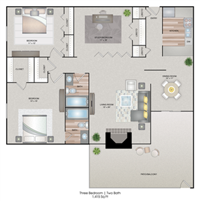 Midland apartment for rent - A floor plan of a three bedroom apartment with two bathrooms.