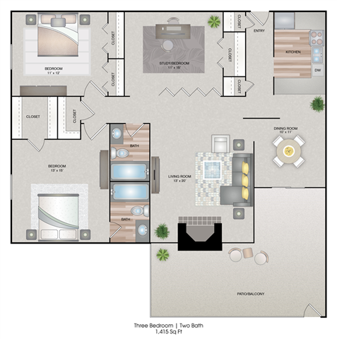 Floor plan for 3 beds, 2 baths, 1415 sqft