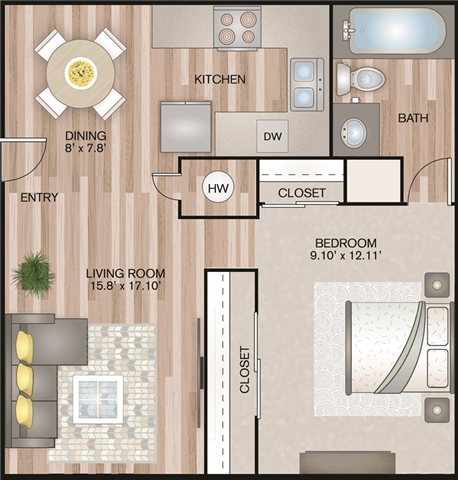 Floor plan for 1 bed, 1 bath, 571 sqft
