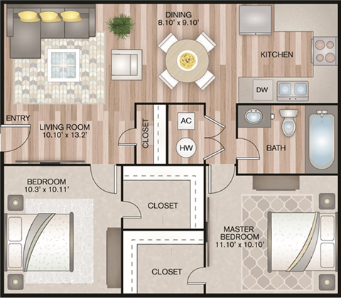 Floor plan for 2 beds, 1 bath, 718 sqft