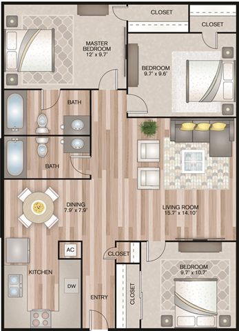 Floor plan for 3 beds, 2 baths, 1028 sqft