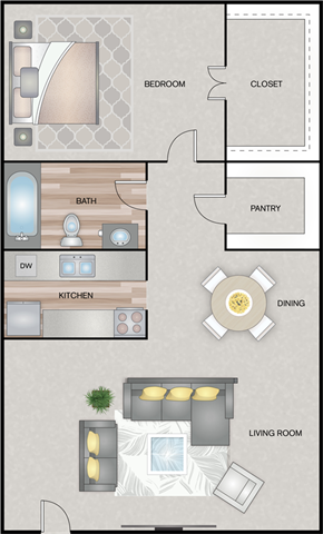 Floor plan for 1 bed, 1 bath, 740 sqft