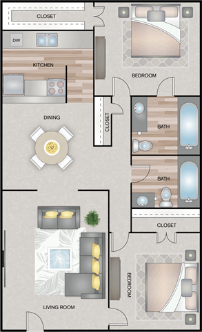 Odessa apartment for rent - A floor plan of a small apartment with a living room, kitchen, dining area, and three bedrooms.