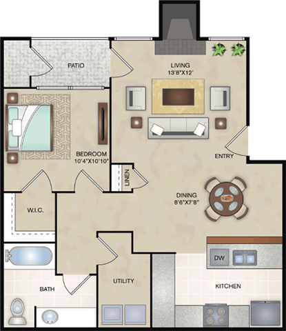 Floor plan for 1 bed, 1 bath, 700 sqft