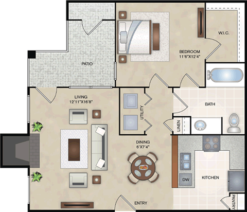 Floor plan for 1 bed, 1 bath, 712 sqft