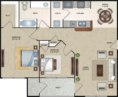 Floor plan for 2 beds, 1 bath, 862 sqft