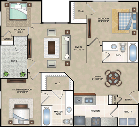 Floor plan for 3 beds, 2 baths, 1082 sqft