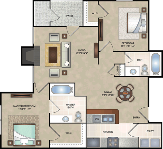 Floor plan for 2 beds, 2 baths, 898 sqft