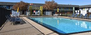 Midland apartment for rent - A large outdoor swimming pool surrounded by a wooden deck and lounge chairs.
