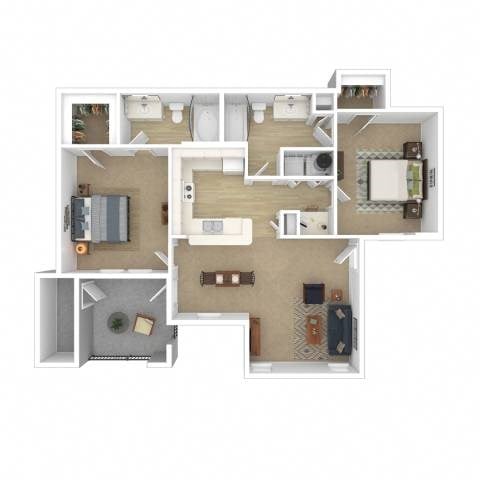 Floor plan for 2 beds, 2 baths, 967 sqft